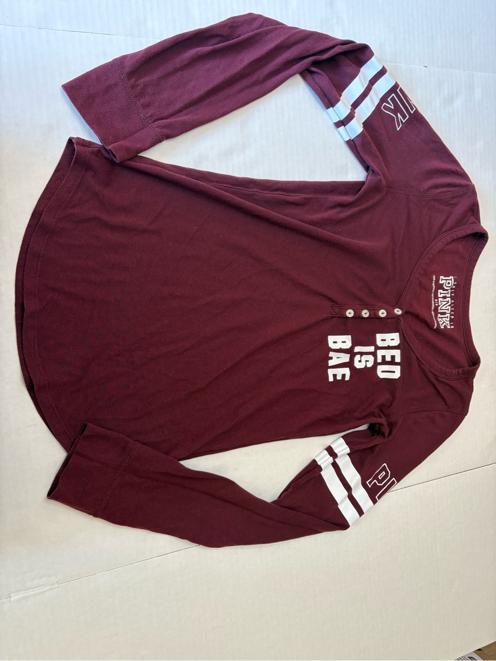 PINK Victoria's Secret Maroon Long-Sleeve Henley with White Sleeve Stripes
